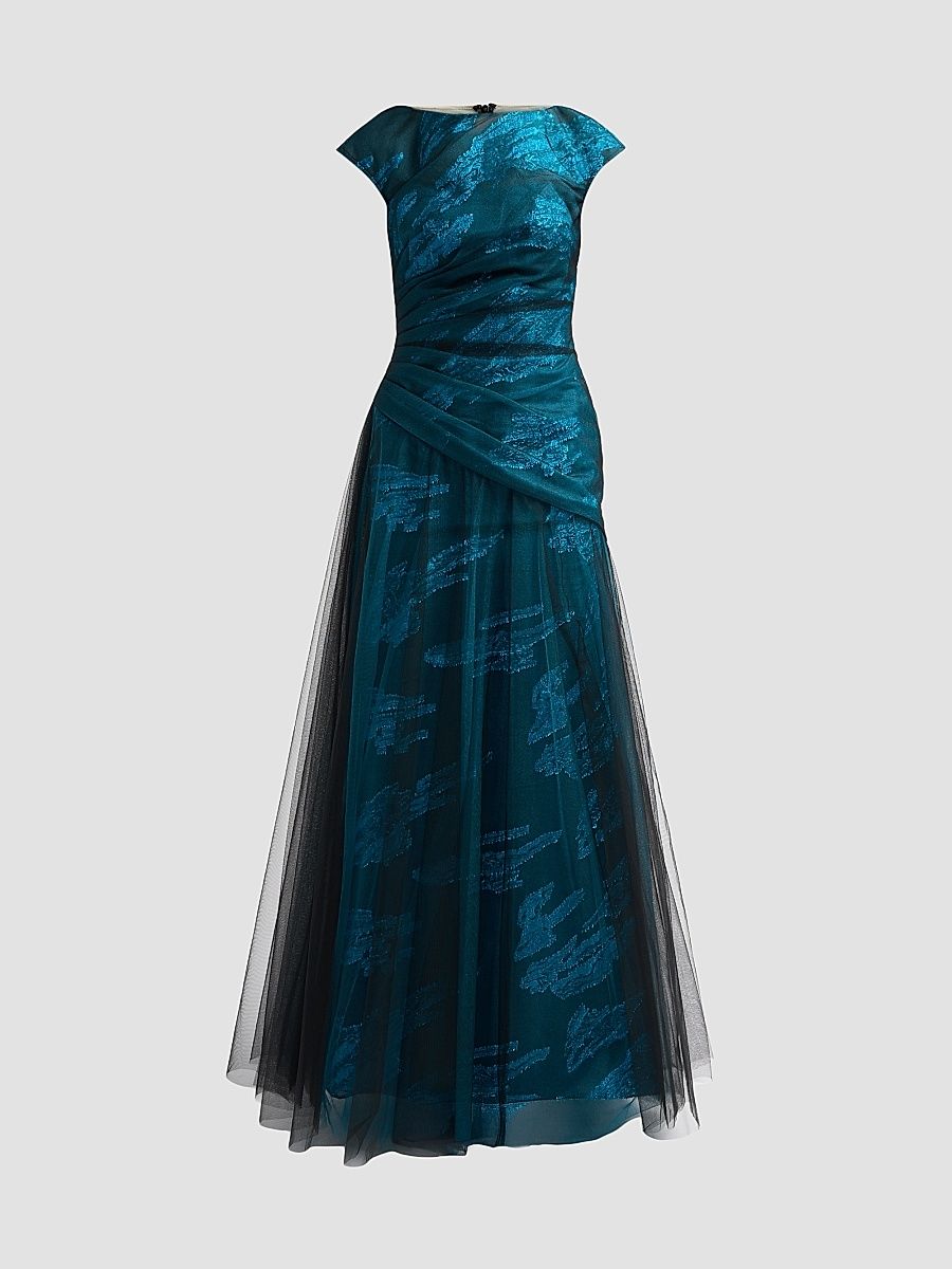 Women's Illusion Tulle & Fil Coupe Draped Gown - Teal - Size 18