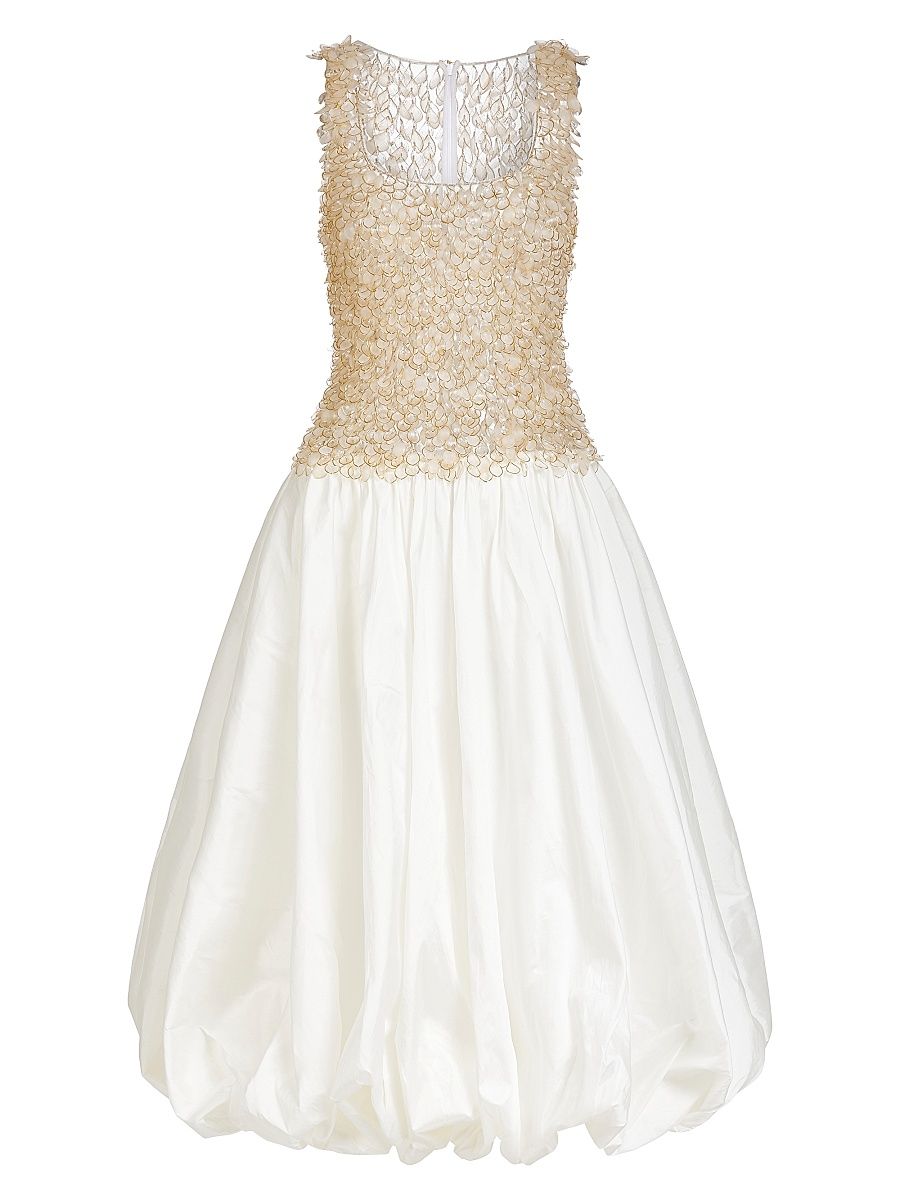 Women's Scoopneck Mixed-Media Bubble-Skirt Midi-Dress - Off White - Size 6