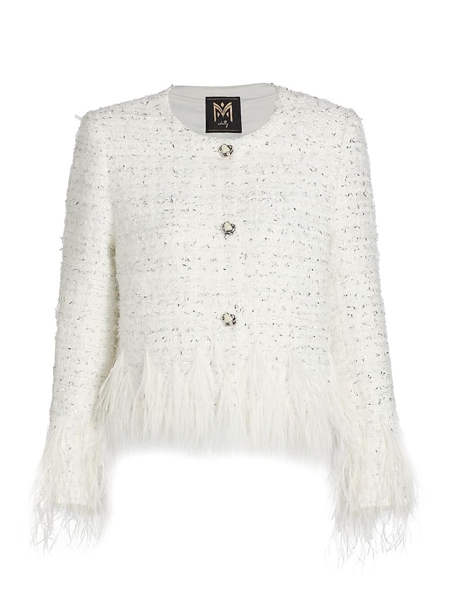 Women's Richele Metallic Tweed Fringed-Trim Jacket - White Silver - Size 12