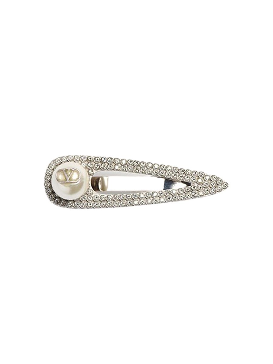 Men's VLogo Signature Metal Tie Clip with Swarovski Crystals and Pearl - Palladium Cream