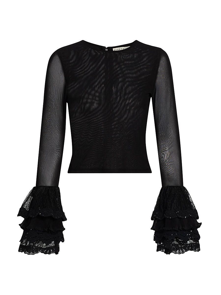 Women's Delaina Long-Sleeve Ruffle-Cuff Crop Top - Black - Size Medium