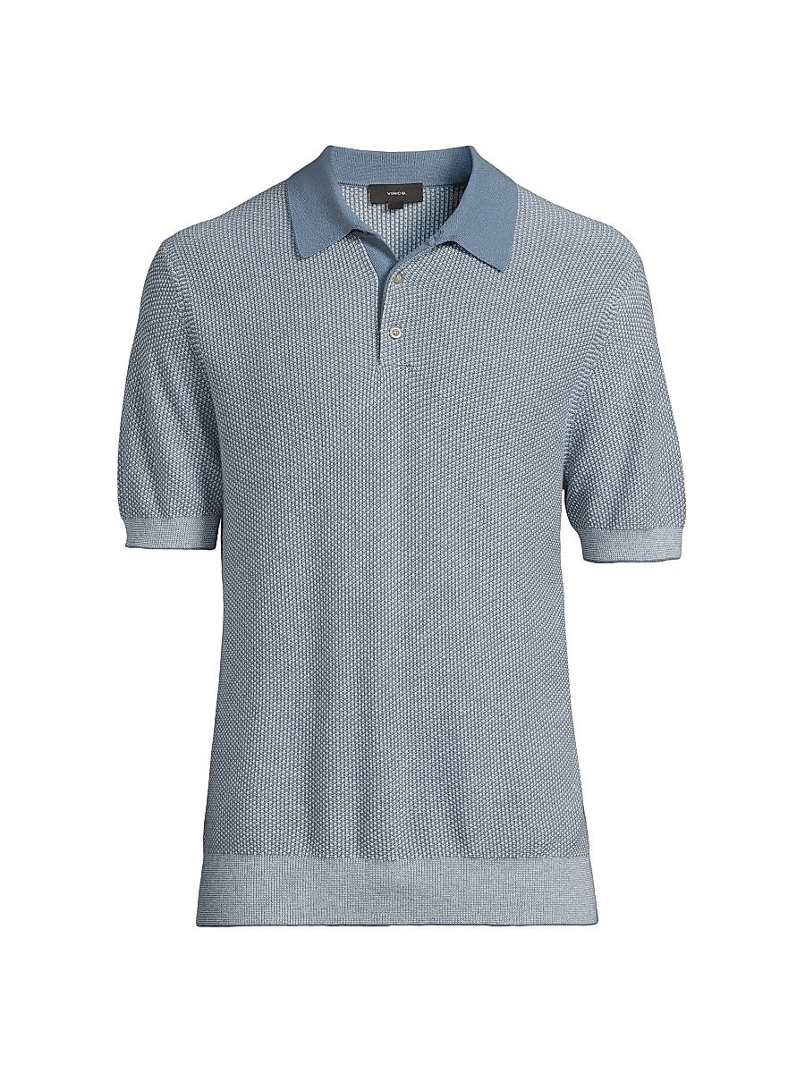 Men's Textured Wool-Cotton-Blend Jacquard Polo Shirt - Uniform Blue Classic Cream - Size Medium
