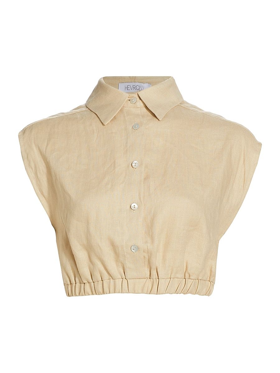 Women's Belen Linen Button-Front Crop Top - Sand - Size XL
