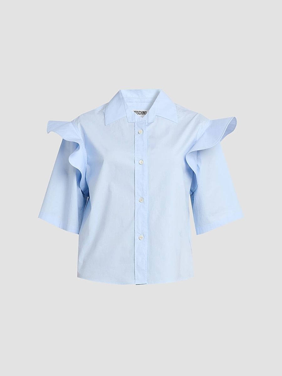 Women's Ruffled Shoulder Poplin Shirt - Multi Light Blue - Size 12