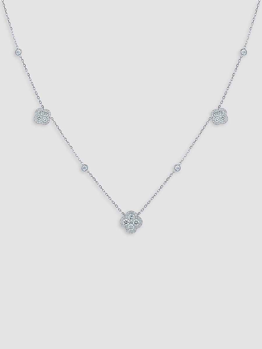 Women's 18K White Gold & 3.00 TCW Diamond Clover Station Necklace - White Gold