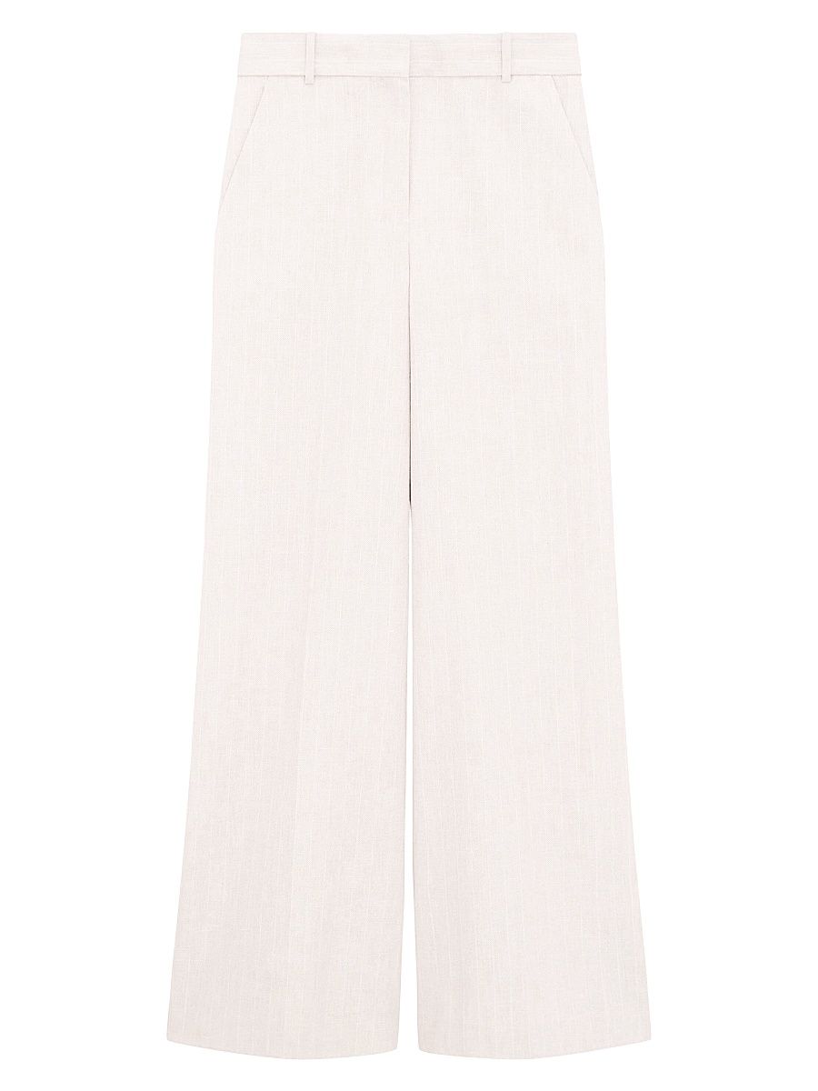 Women's Striped Stretch Cotton-Linen High-Rise Trousers - Sand Multi - Size 12