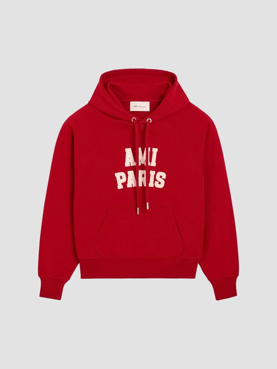 AMI Paris Men's Felt Embroidered Cotton Hoodie - Rouge Rubis Ivoire - Size XXL