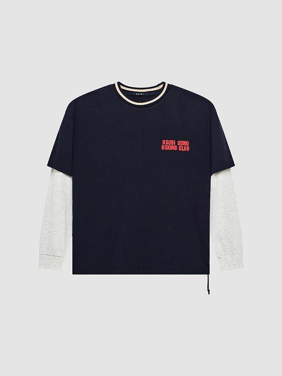 Men's Layered Cotton Long Sleeve T-Shirt - Navy - Size XXL