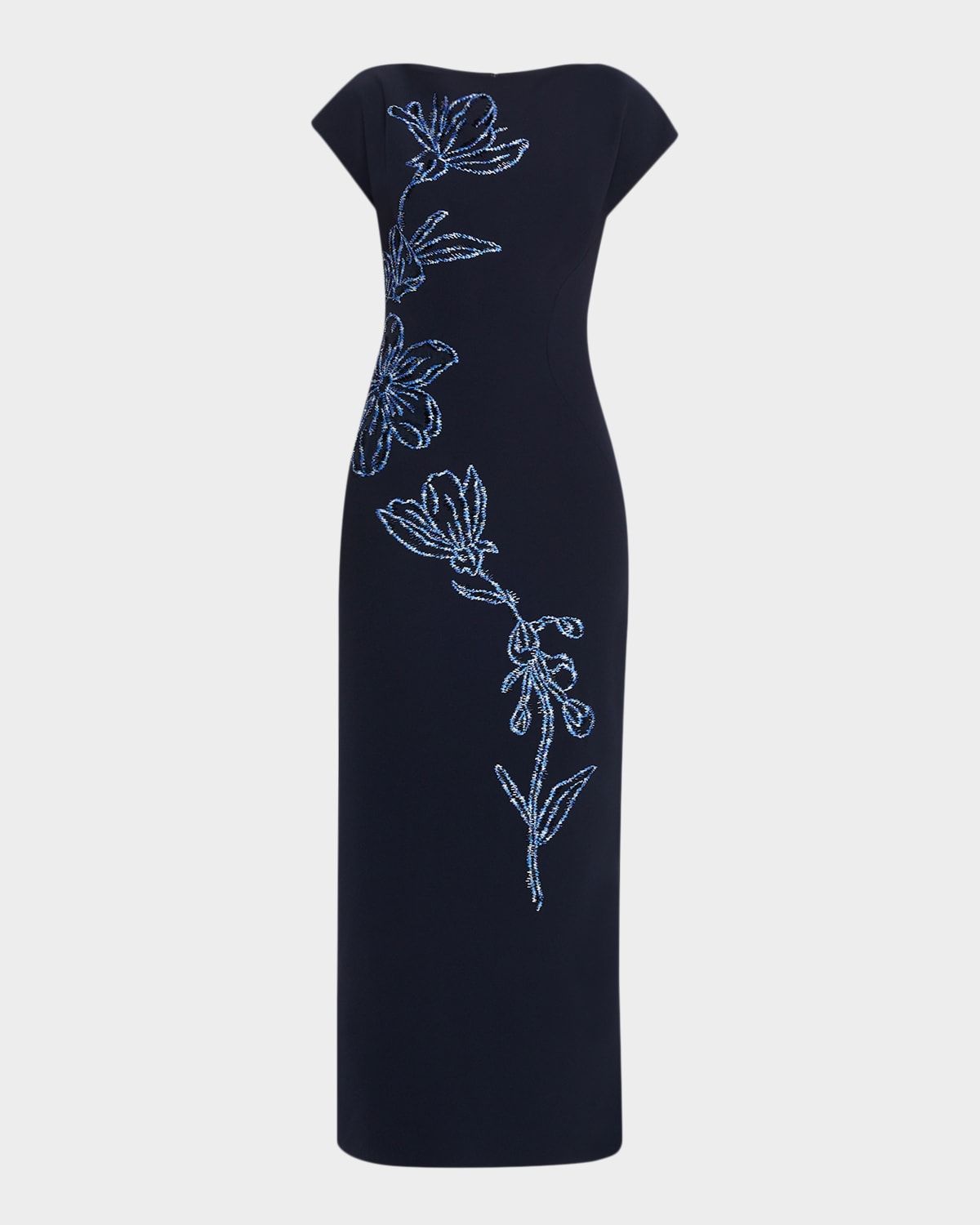 Flower Embroidered Fluid Crepe Maxi Dress