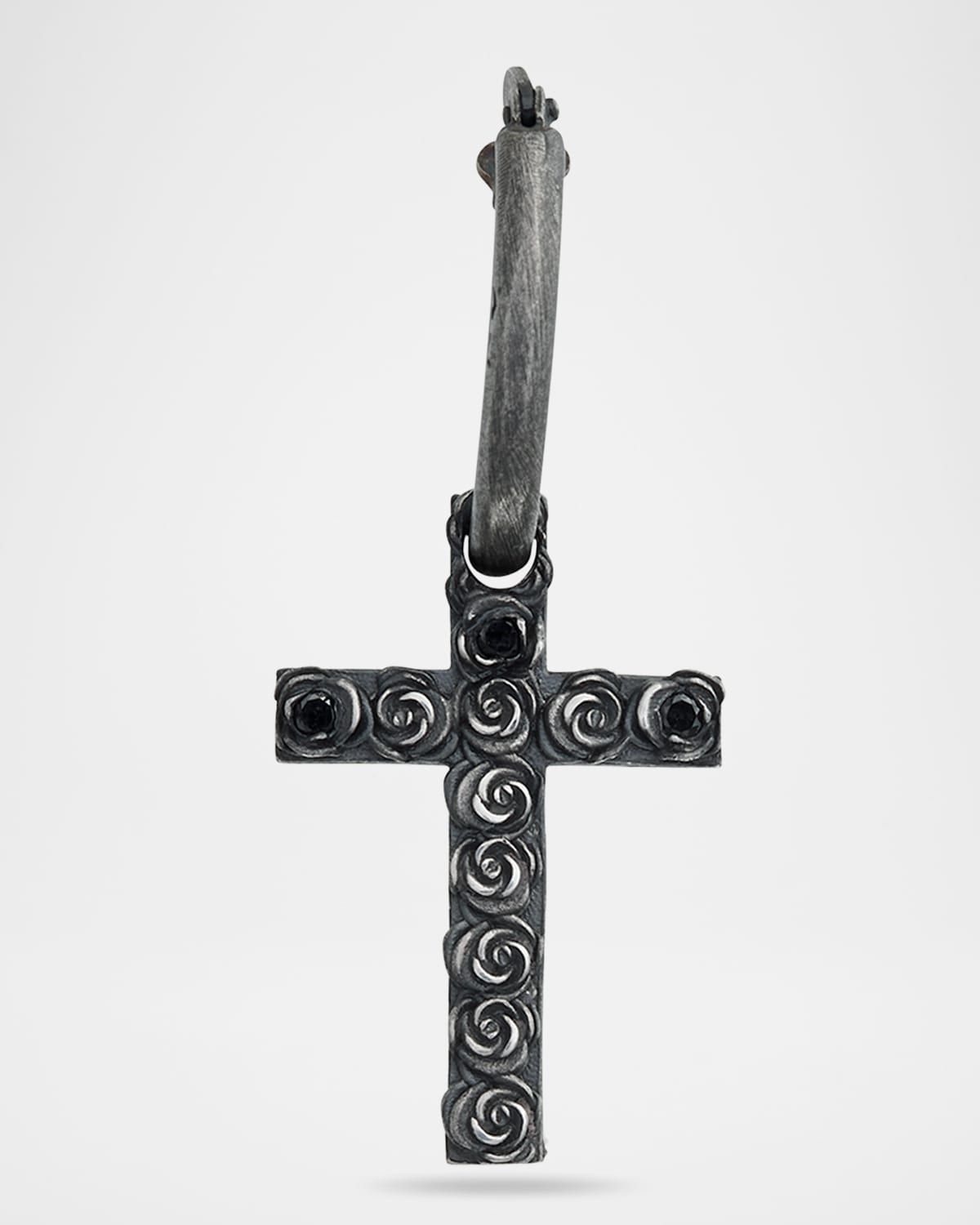 Men & apos;s The Cross Bed of Roses Mono Earring in Oxidized Silver with Black Diamonds, Single