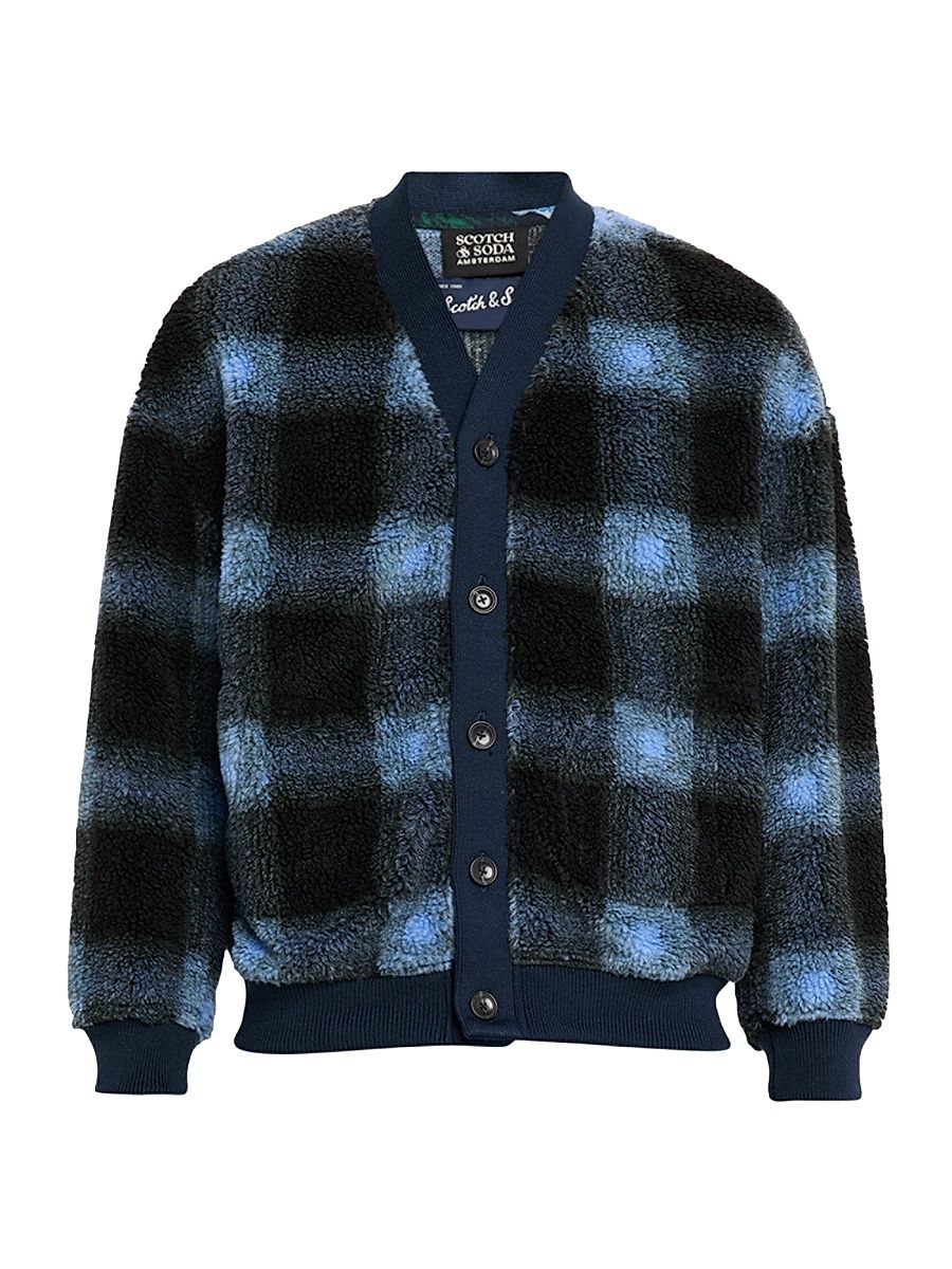 Men's Plaid Polar Fleece Cardigan - Thyme Blue - Size Medium