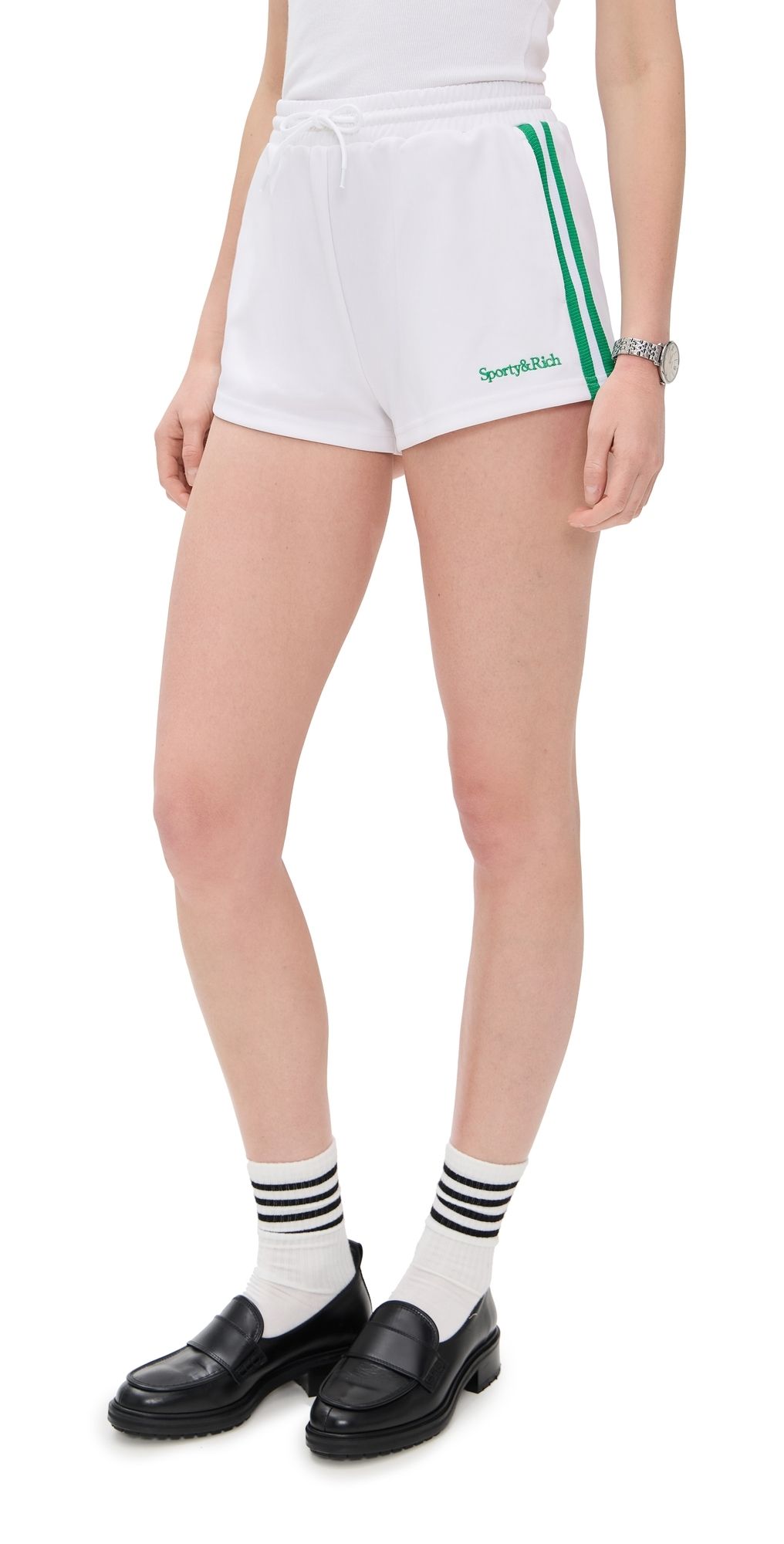 Sporty & Rich Serif Logo Embroidered Roller Shorts White/Verde XS