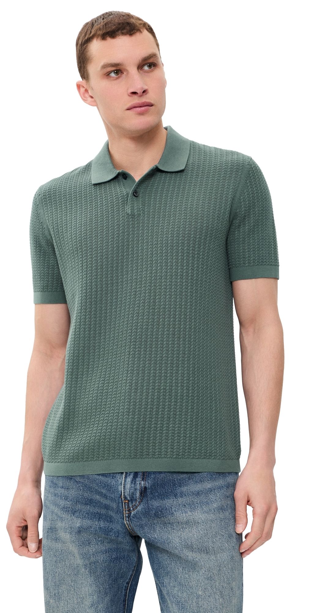 Theory Short Sleeve Cable Polo In Tactile Cotton LIGHT PINE GROVE XS