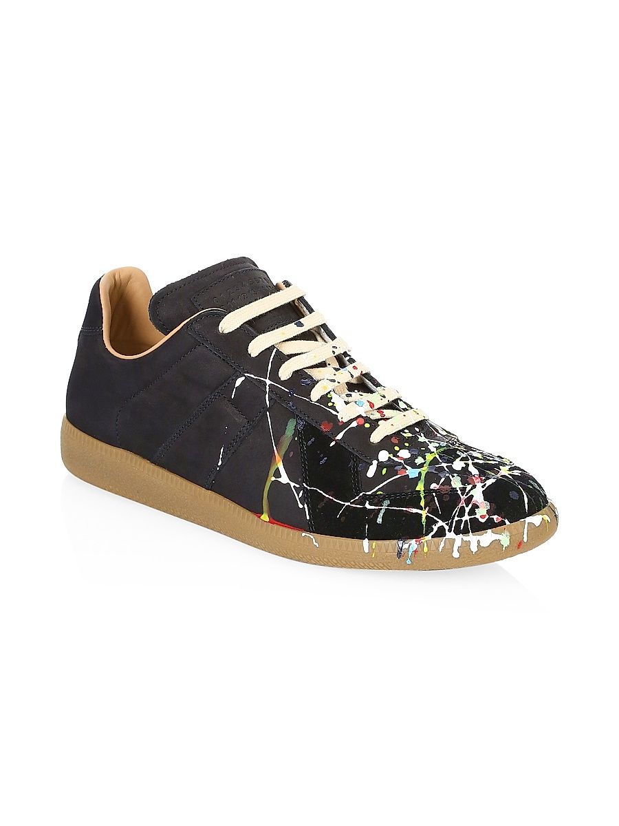 Men's Replica Paint Splatter Leather Low-Top Sneakers - Black Paint - Size 8