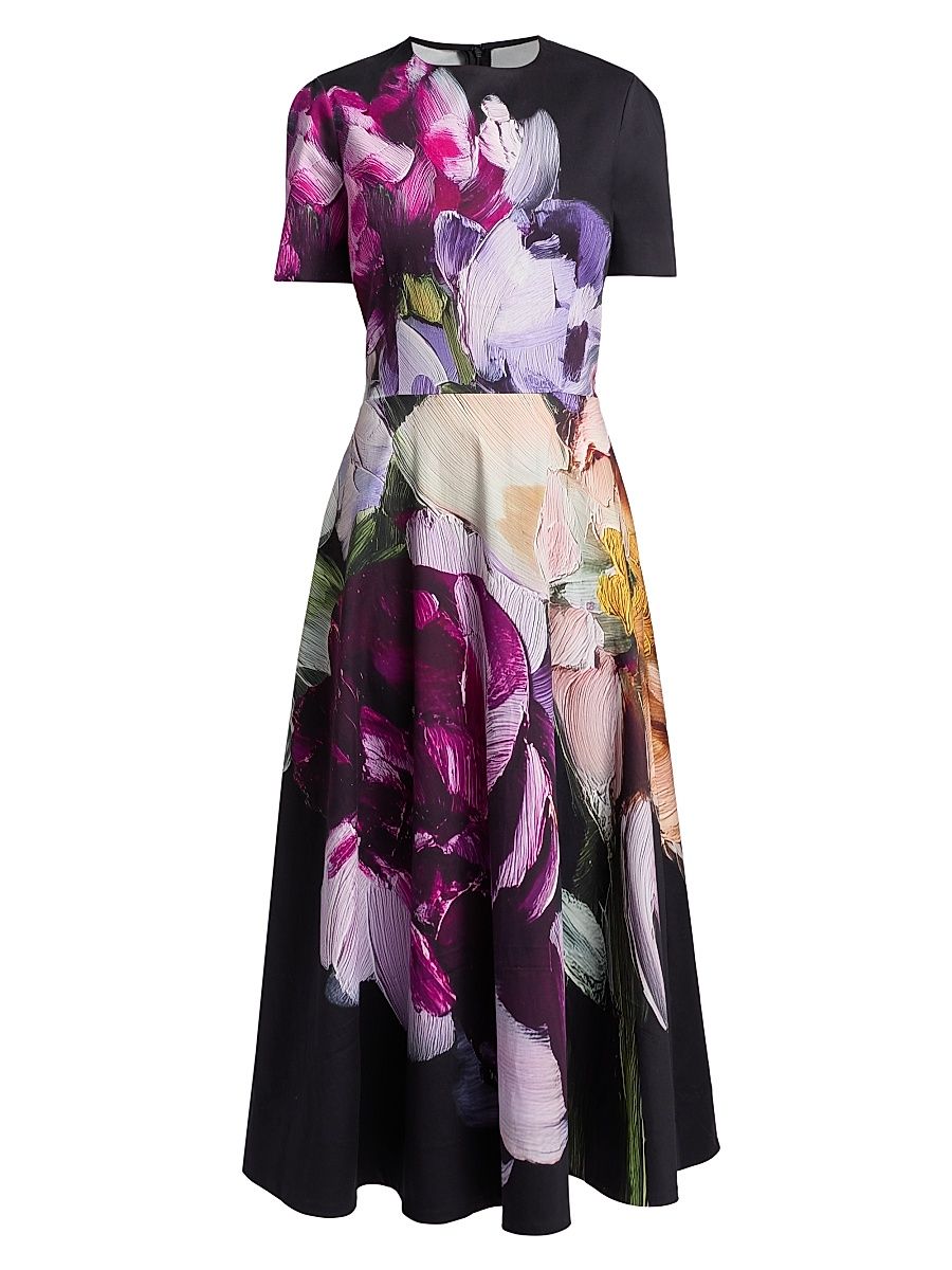 Women's Floral Cotton A-Line Midi-Dress - Black Multi - Size 4