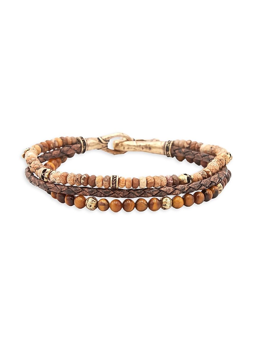 Men's Skull Jasper & Tiger's Eye Triple-Strand Beaded Bracelet - Gold