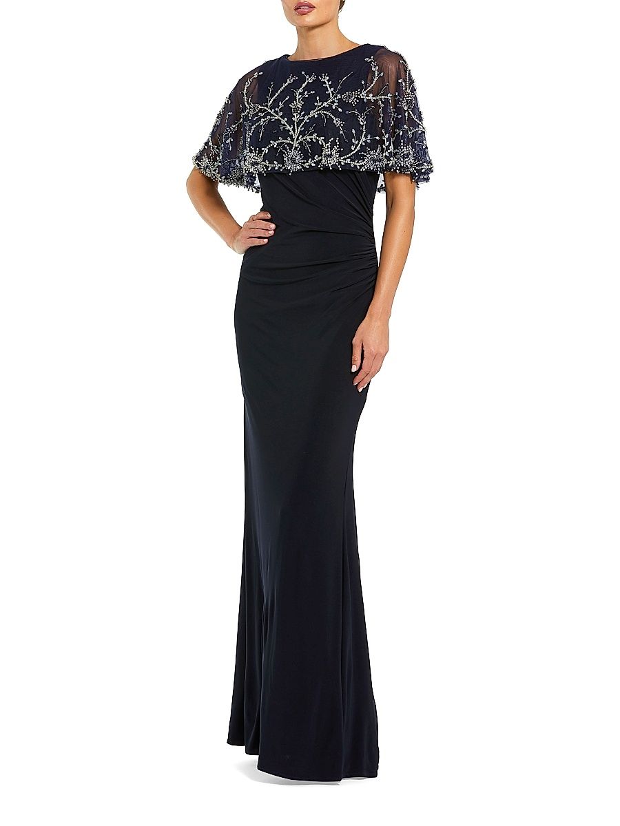 Women's Crystal & Bead-Embellished Capelet Gown - Midnight - Size 18