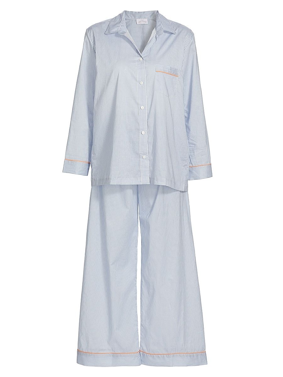 Pour Les Femmes Women's Stripe Cotton Pajama Set - Sea Breeze - Size Small