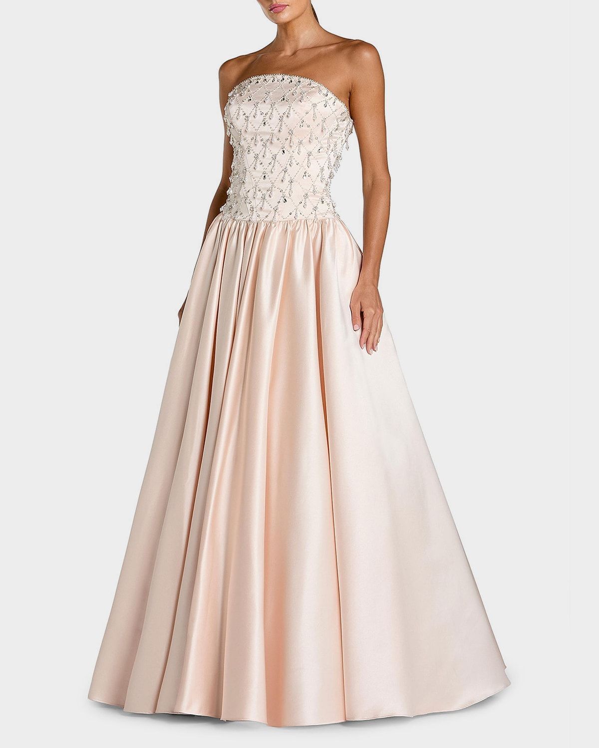 Satin Beaded Drop-Waist Strapless Ballgown