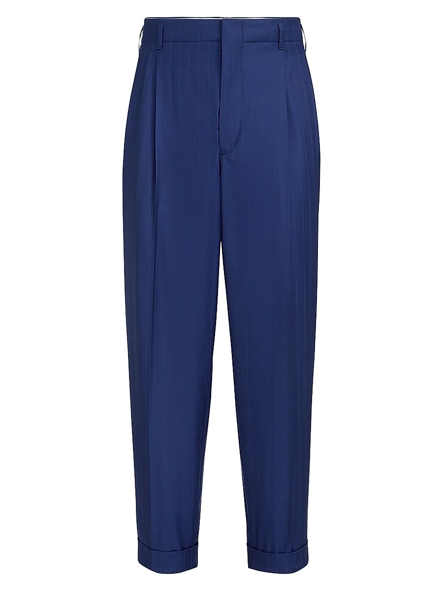Men's Virgin Wool Chalk Stripe Batavia Trousers with Double Pleats - Royale Blue - Size 34
