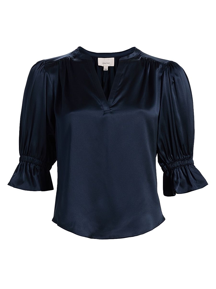Women's Fiona Split-Neck Silk Top - Navy - Size XL
