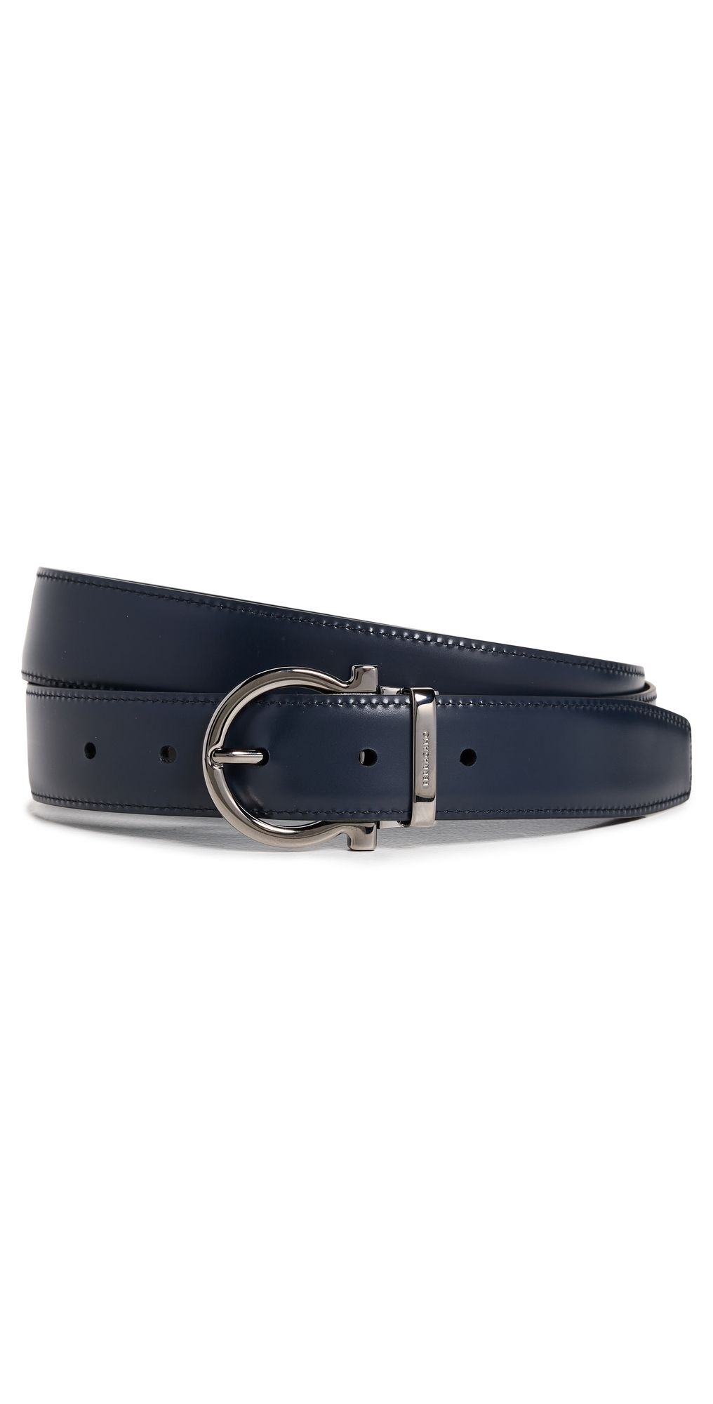 FERRAGAMO Single Gancio Reversible Paloma Leather Belt Nero/Blue Marine 105