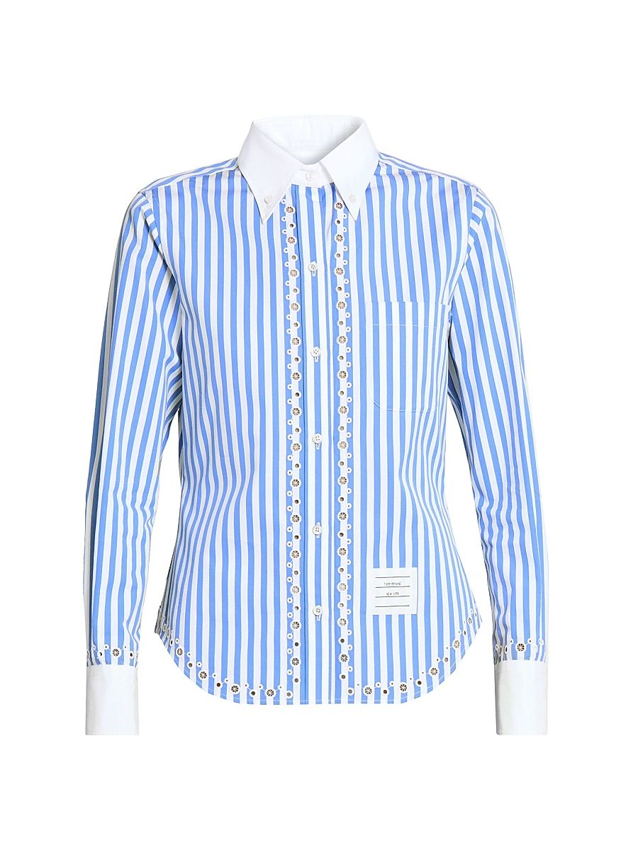Women's Striped Eyelet Cotton Button-Down Shirt - White - Size 10