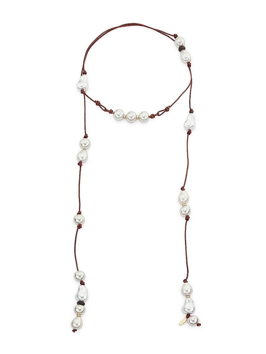 Women's Corded Pearl Riya Goldtone, Leather & Cubic Zirconia Wrap Necklace - Pearl