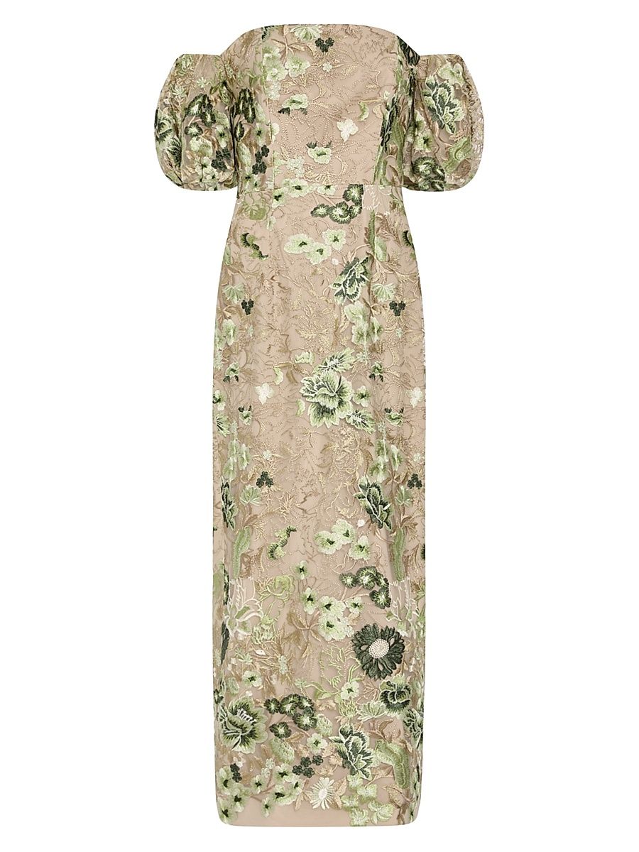 Women's Nene Embroidered Off-the-Shoulder Column Midi-Dress - White Green - Size 12