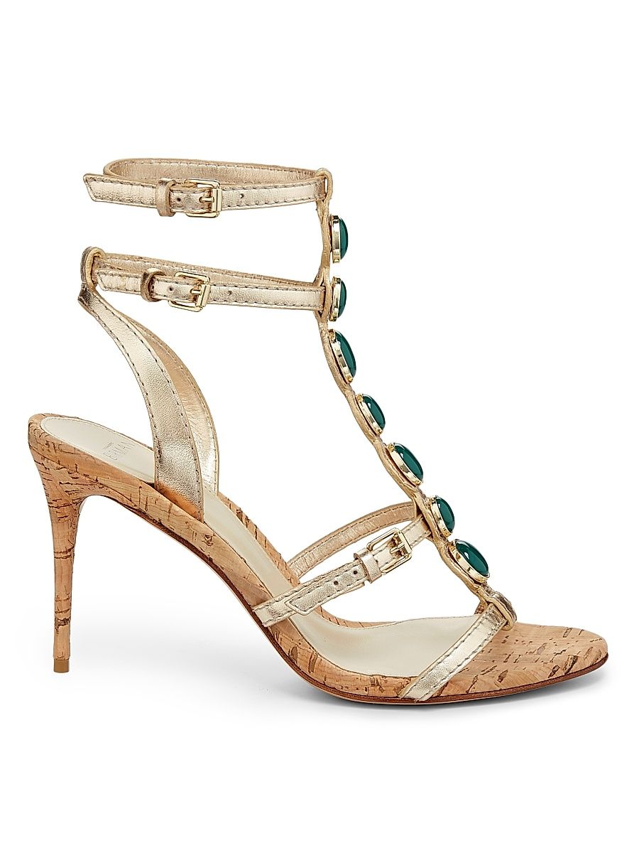 Women's Jade Sandal 85MM Embellished Metallic Leather Sandals - Golden Natural - Size 8.5