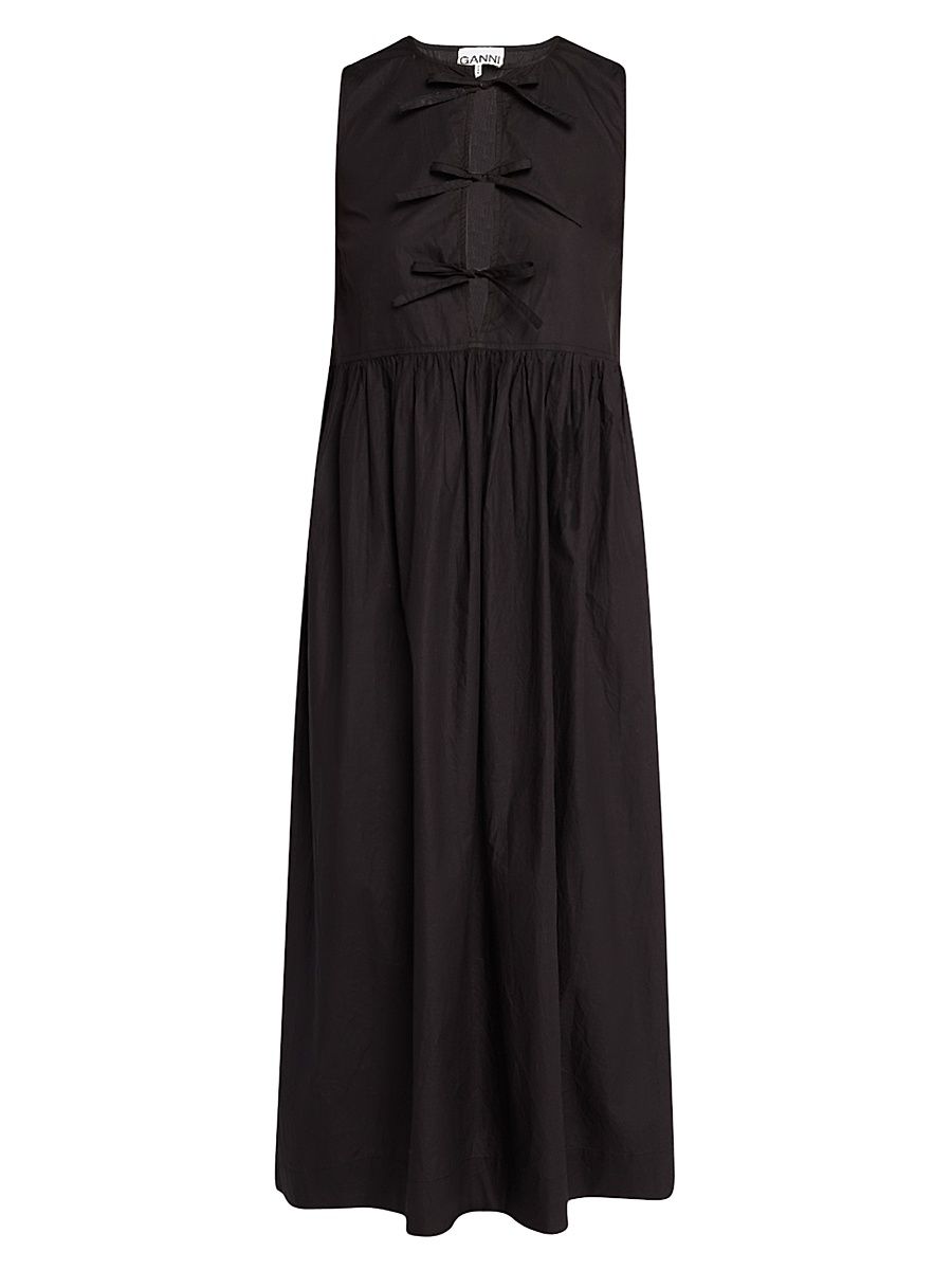 Women's Tie-Front Cotton Poplin Midi-Dress - Black - Size 8