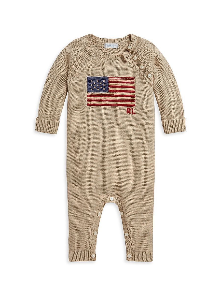 Baby's American Flag Knit Coveralls - Oatmeal Multi - Size 9 Months