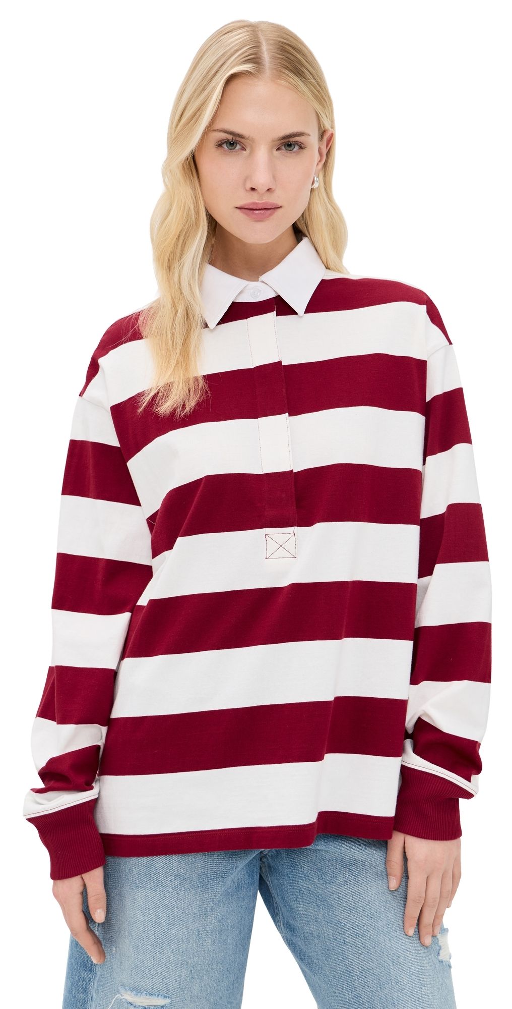 Good American Oversized Rugby Tee Merlot And Chalk Rugby Stripe XS