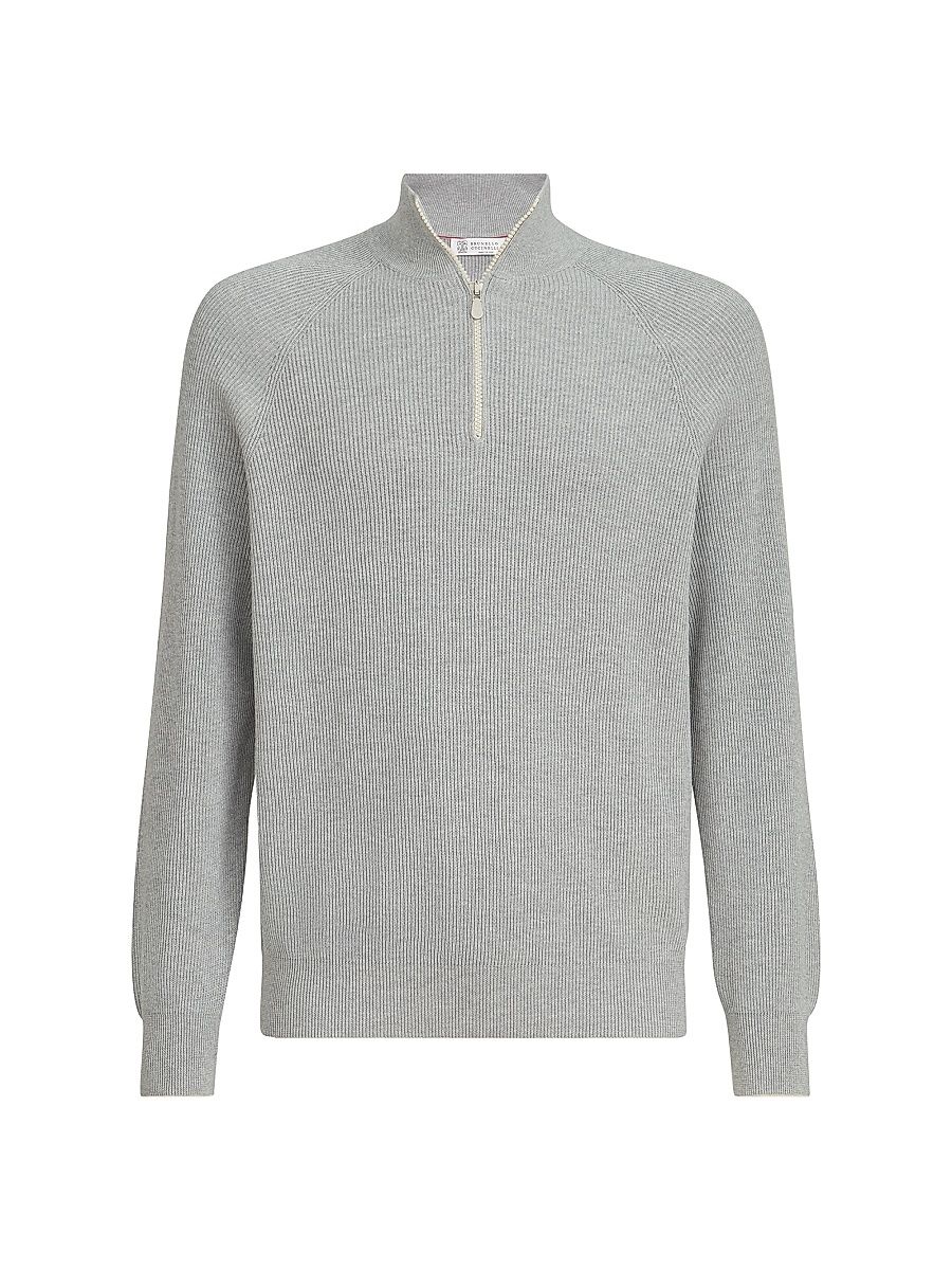 Men's Cotton English Rib Sweater with Half Zip - Light Grey - Size 34
