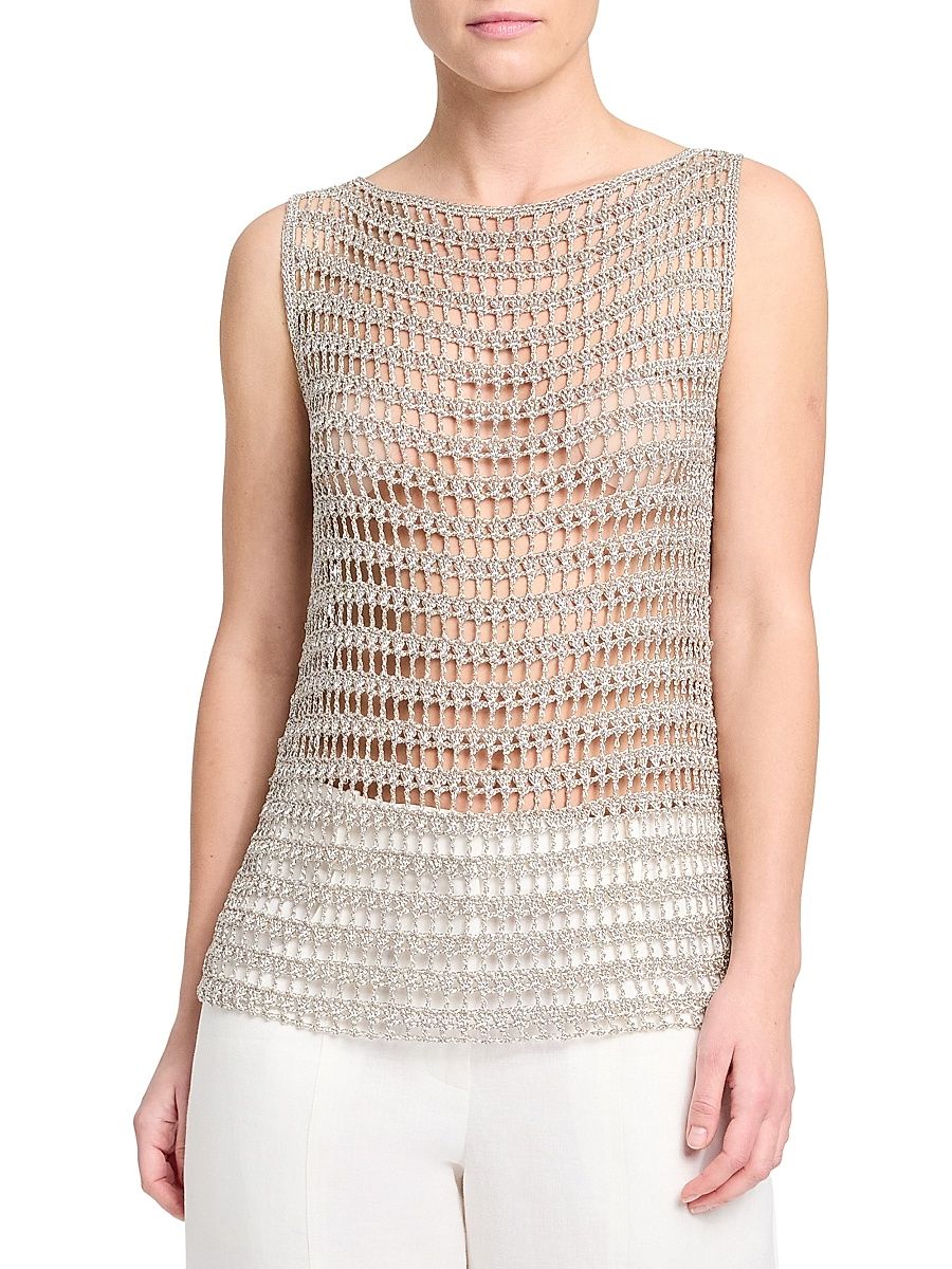 Women's Cleo Metallic Crochet Tank - Sandshell - Size Large