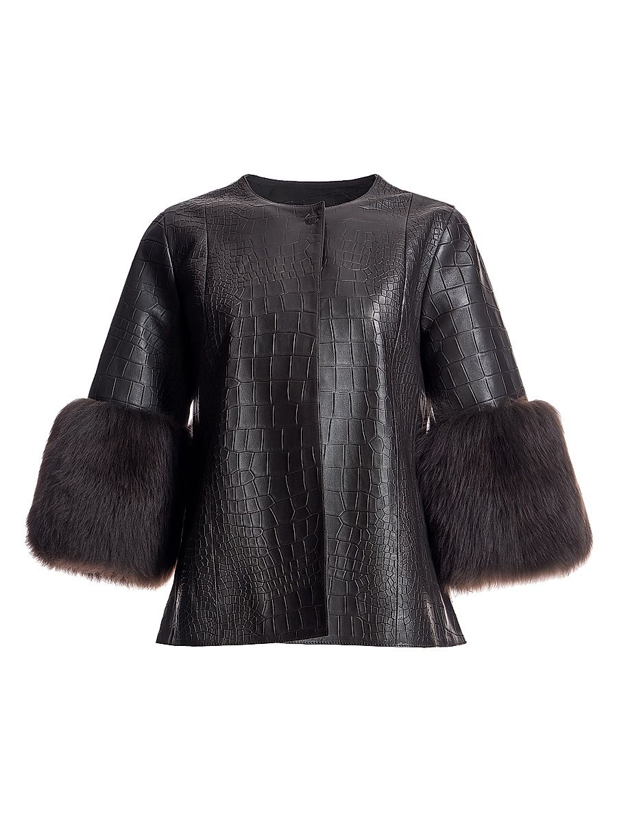 Women's Leather Jacket with Shearling Lamb Trim - Brown - Size Large