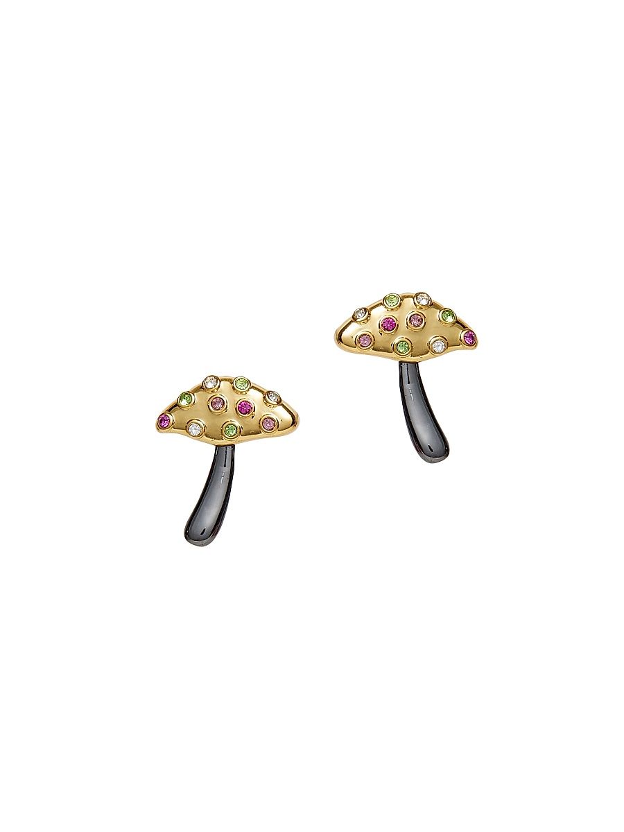 Women's Mushroom Button 14K-Gold-Plated, Hematite-Plated & Crystal Earrings - Jeweled Meadow