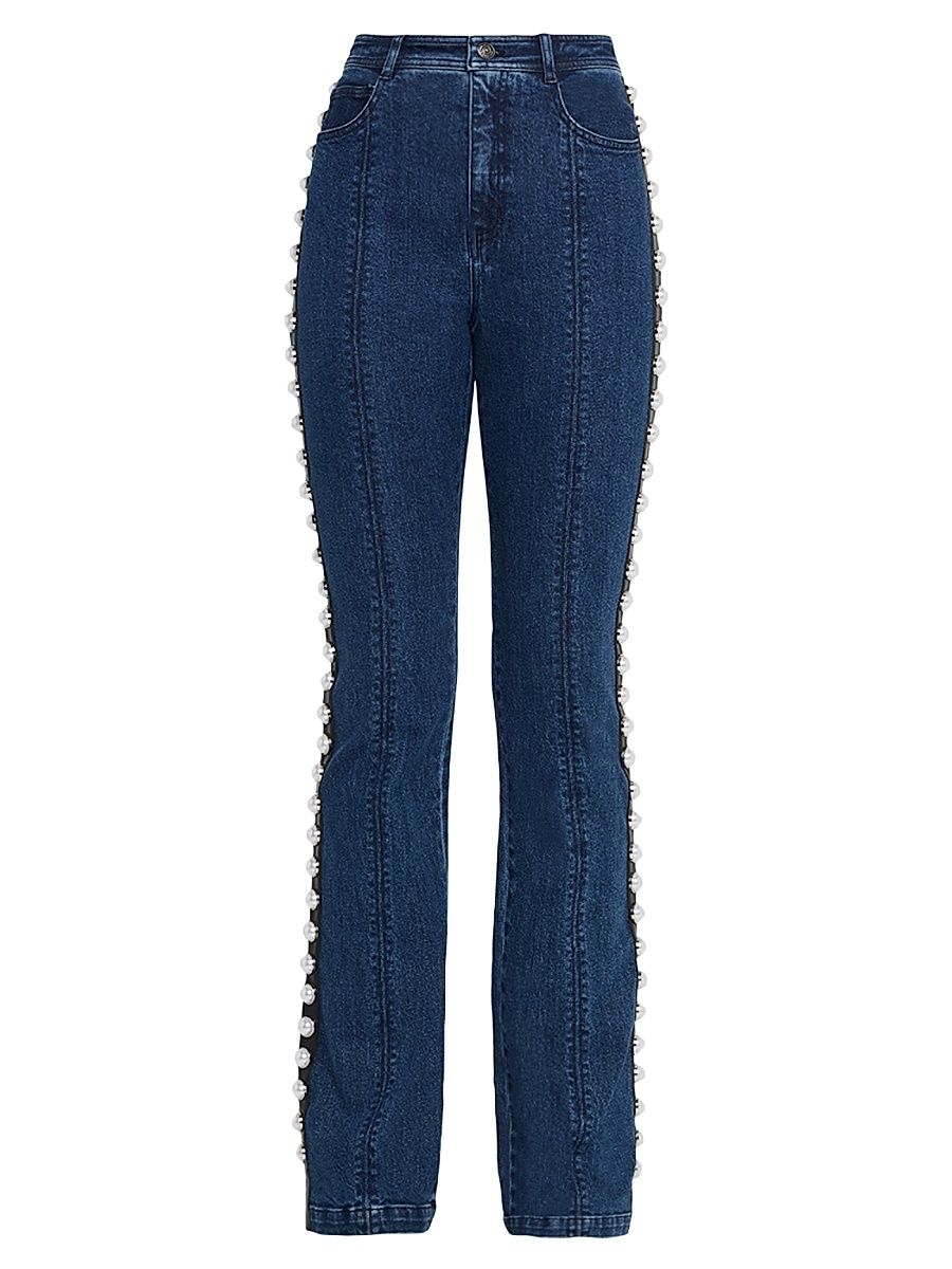 Women's Pearl-Trim High-Rise Stretch Flare Jeans - Oceane - Size 16