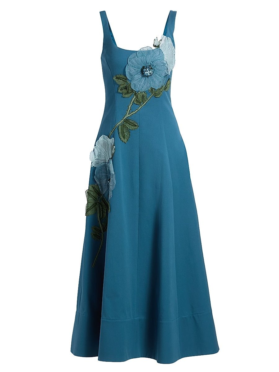 Women's 3D Floral-Embroidered Cotton-Blend Maxi Dress - Mallard - Size 10