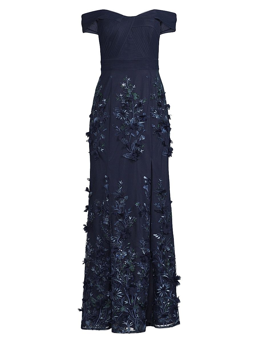 Women's Sequined Floral-Embroidered Off-The-Shoulder Gown - Navy - Size 12