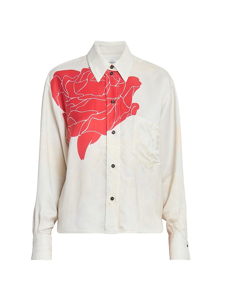 Women's Floral Satin Button-Front Shirt - Shell Cardinal Red - Size 0