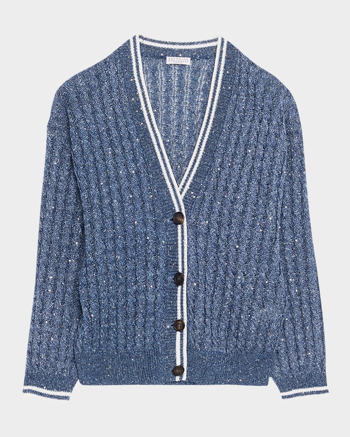 Linen Dazzling Cable Open-Knit V-Neck Cardigan