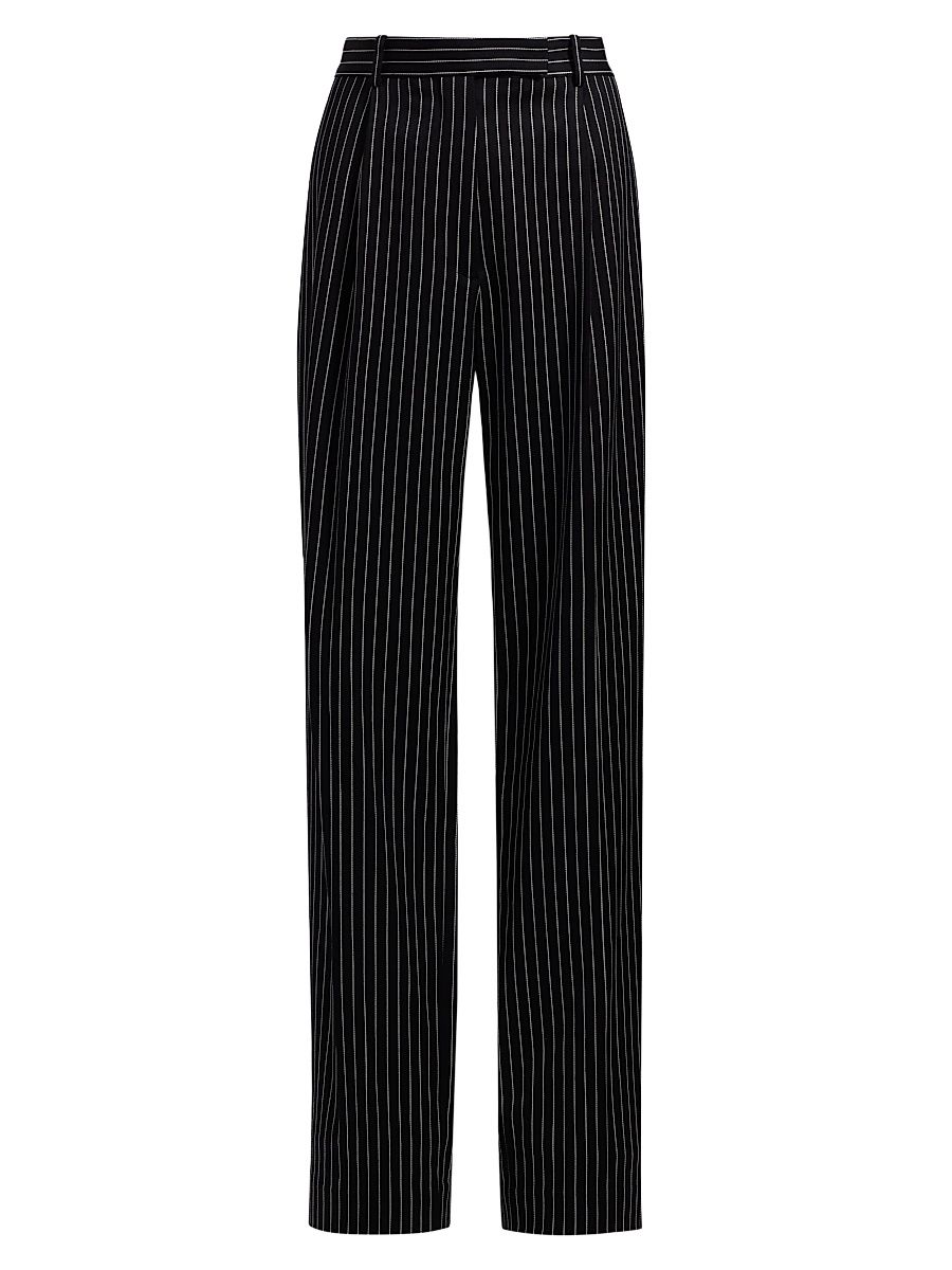 Women's Pintstripe Wool-Cotton Trousers - Black Ecru - Size 12