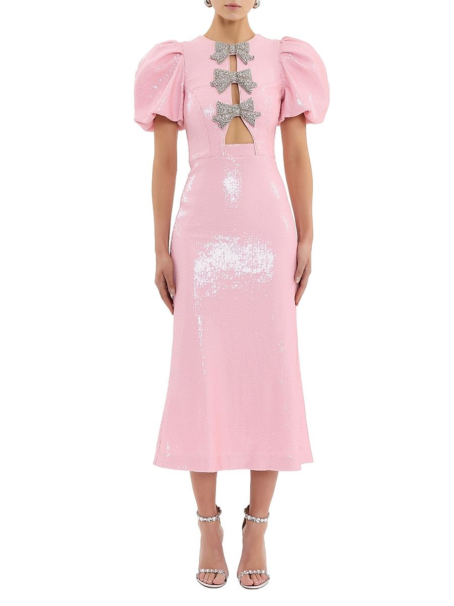 Women's Lydia Bow-Accented Sequined Midi-Dress - Light Pink - Size 14