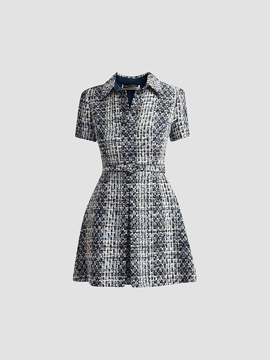 Women's Tweed Belted Mini Shirtdress - Blue Ivory - Size 12