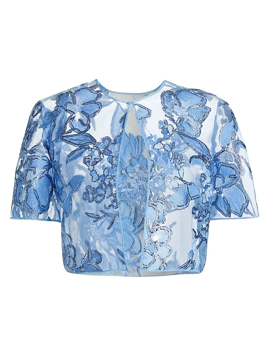 Women's Floral-Embroidered Sheer Bolero - Pale Blue And Silver - Size 10