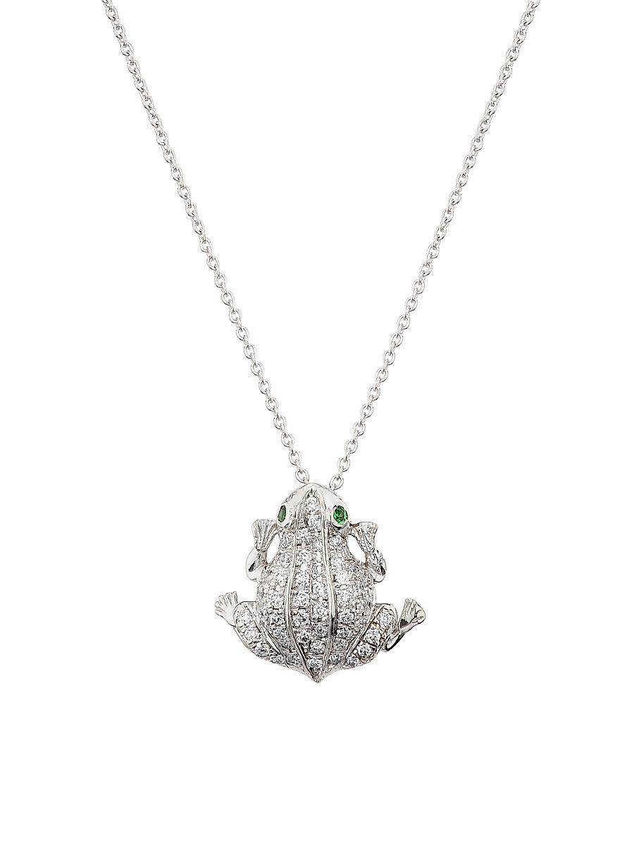 Women's Tiny Treasures 18K White Gold, 0.30 TCW Diamond & Emerald Frog Pendant Necklace - White Gold