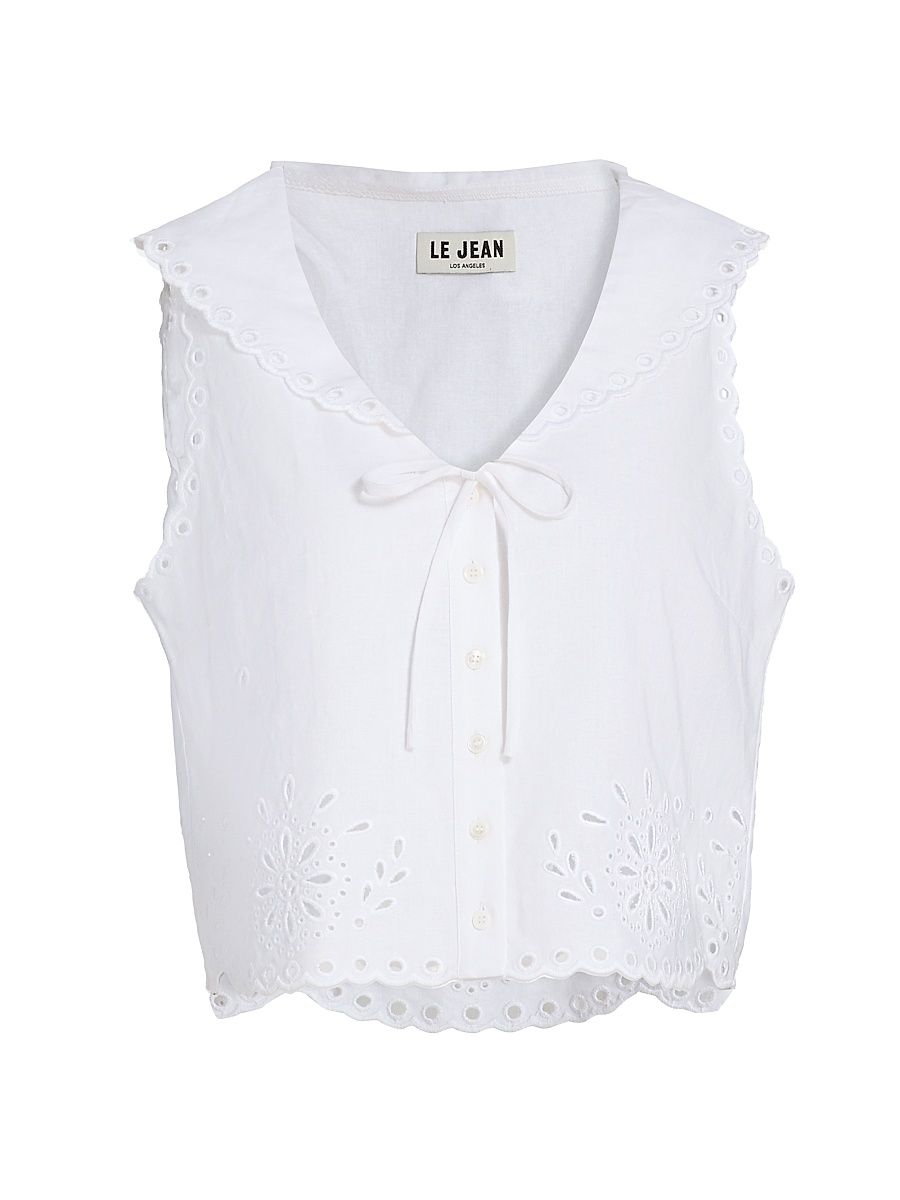 Women's Embroidered Eyelet Linen Sailor Top - White - Size Medium