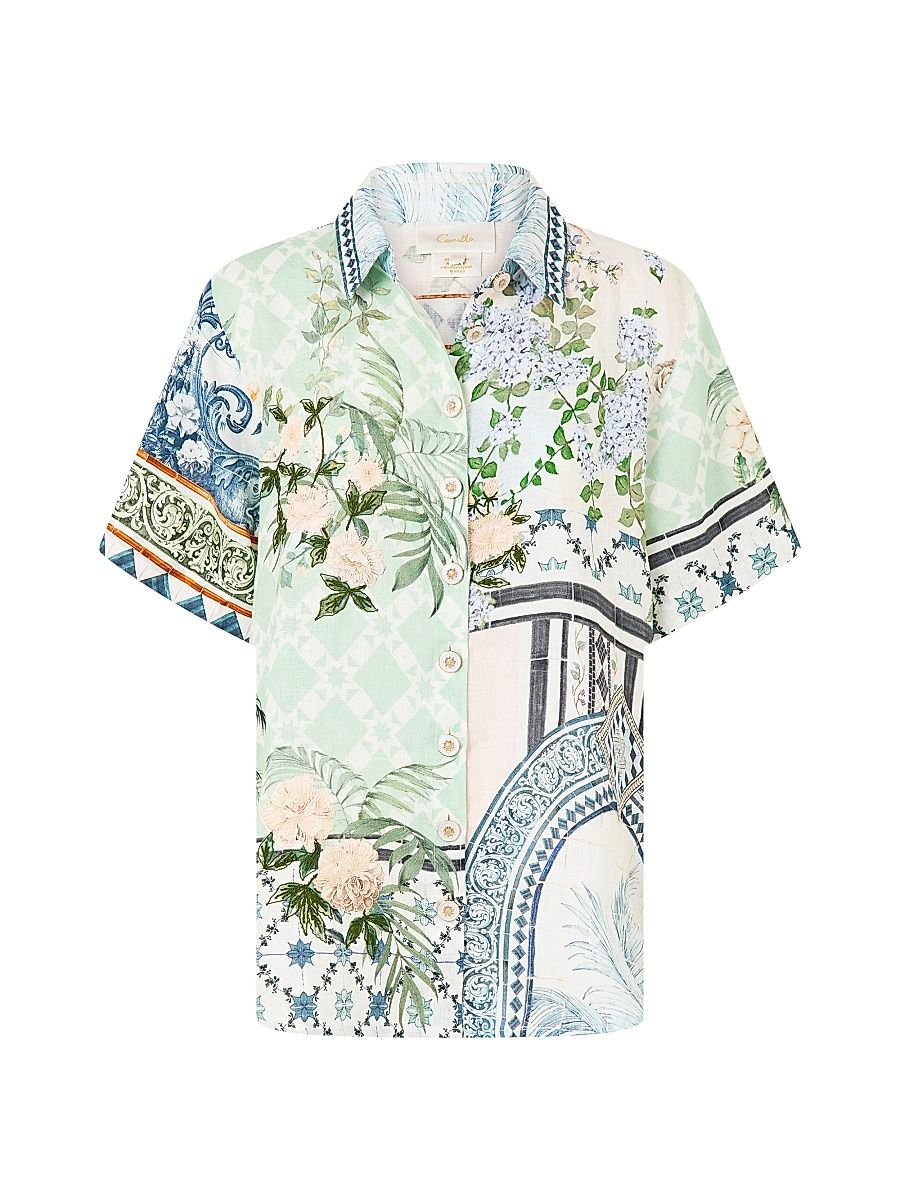 Women's Printed Linen Short-Sleeve Shirt - Jardim Party - Size XS