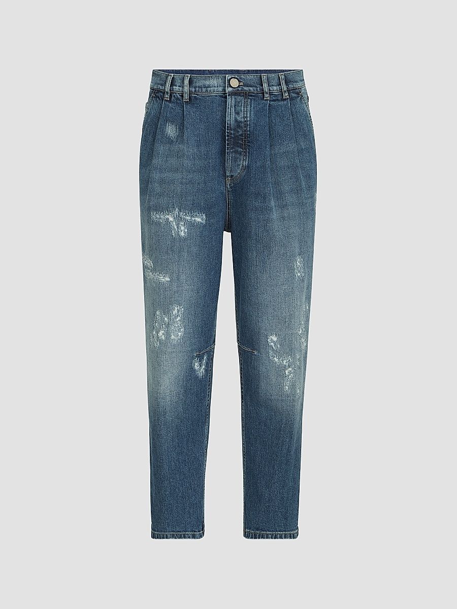 Men's Comfort Cotton Denim Iconic Fit Five-Pocket Jeans with Double Pleats - Medium Denim - Size 46